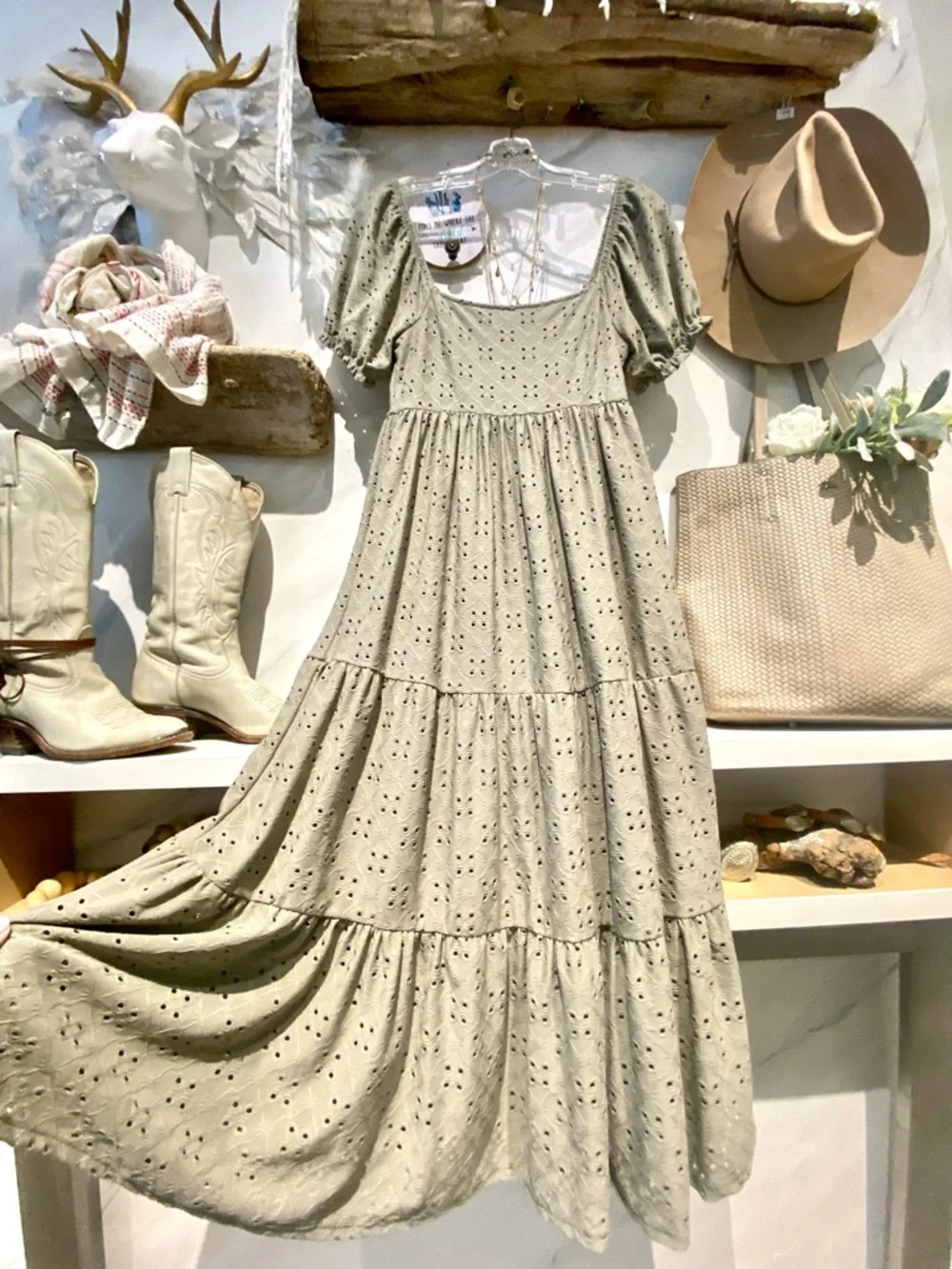 Sage green Farmhouse/prairie boho tiered dress shabby chic Country peasant vibe - Picture 11 of 12